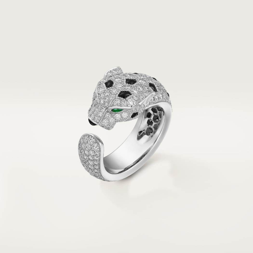Panthère de Cartier卡地亚猎豹戒指，中号款，半铺镶钻石 18K白金