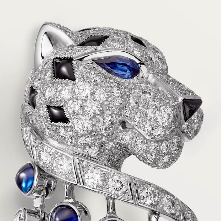 Panthère de Cartier卡地亚猎豹耳环，蓝宝石，大号款，铺镶钻石 18K白金