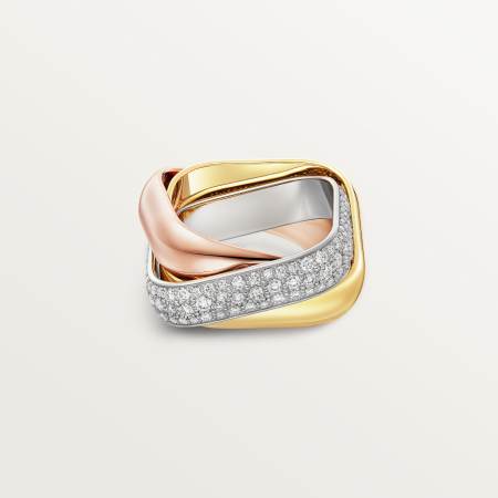 Trinity枕形戒指，大号款，半铺镶钻石 18K白金，18K黄金，18K玫瑰金