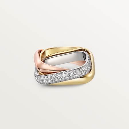 Trinity枕形戒指，经典款，铺镶钻石 18K白金，18K黄金，18K玫瑰金