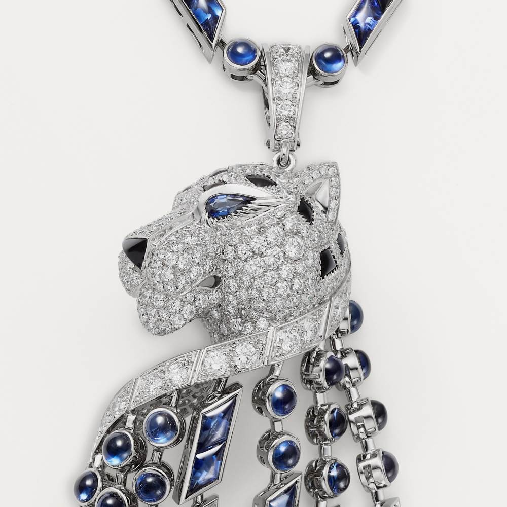 Panthère de Cartier卡地亚猎豹长项链，蓝宝石，大号款，铺镶钻石  18K白金