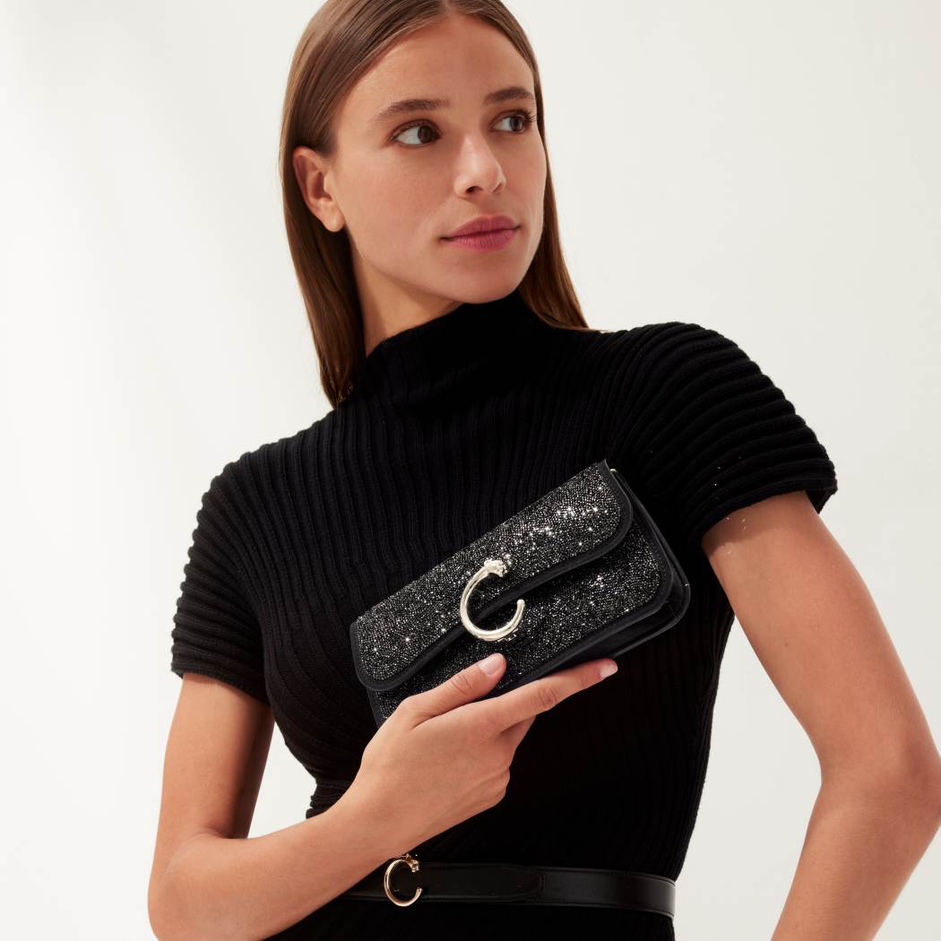 Panthère C de Cartier系列迷你款链条手袋 黑色 玻璃圆珠