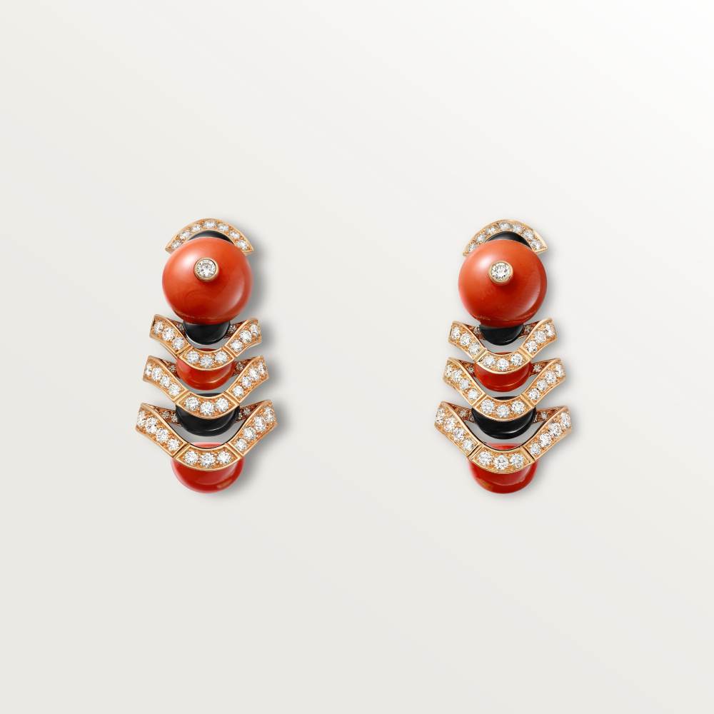 Géometrie & Contrastes耳环，珊瑚，铺镶钻石 18K玫瑰金