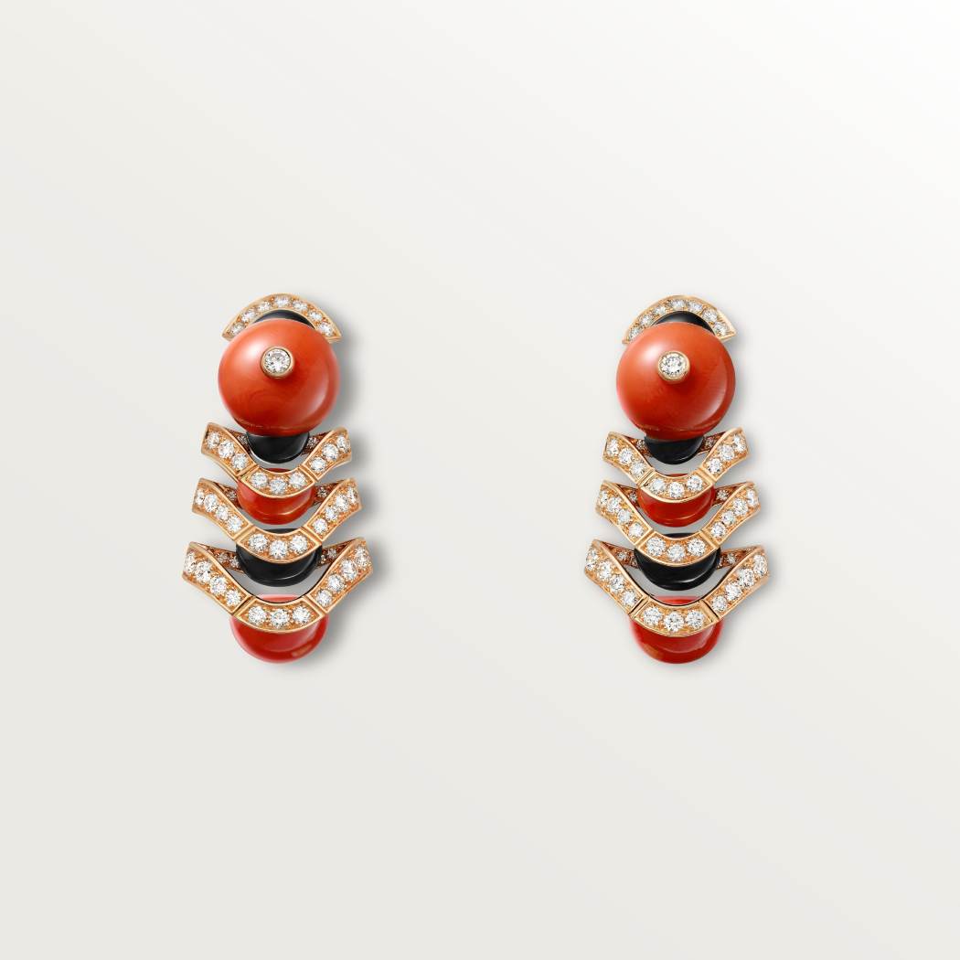 Géometrie & Contrastes耳环，珊瑚，铺镶钻石 18K玫瑰金